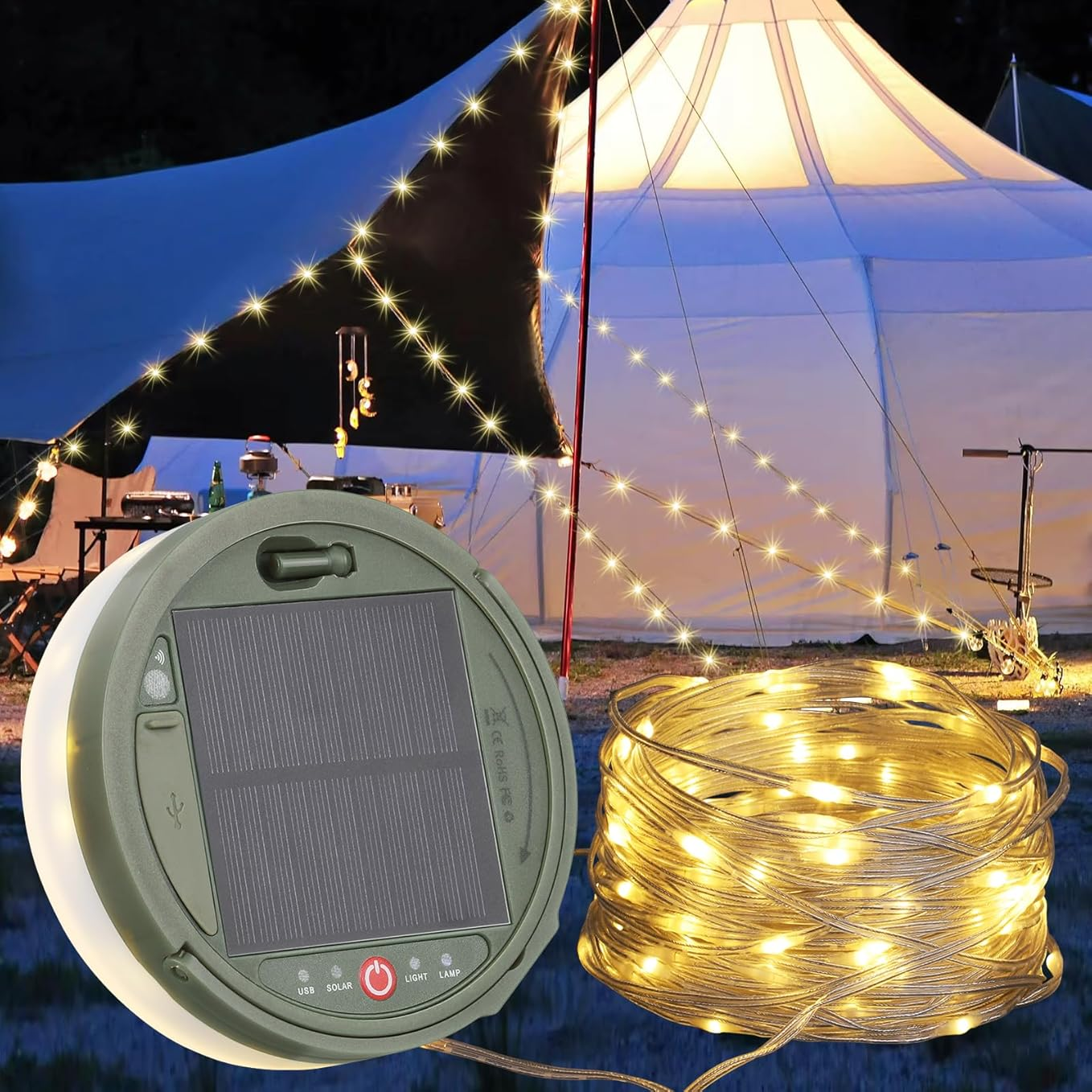 32FT Rechargeable LED Camping String Lights with 8 Modes(Battery/ Solar/ USB)