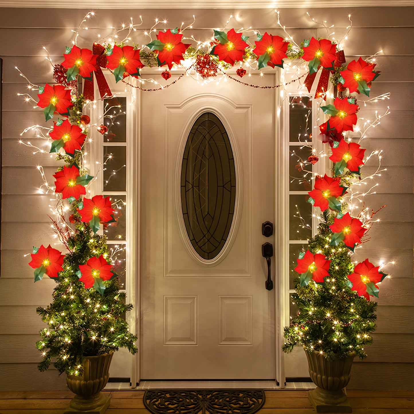 14 FT 20 Flower Poinsettia String Lights with Green Leaves