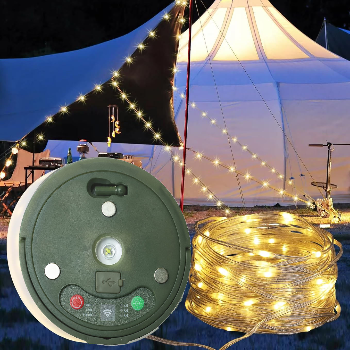 32FT Rechargeable LED Camping String Lights with 8 Modes(Battery/ Solar/ USB)