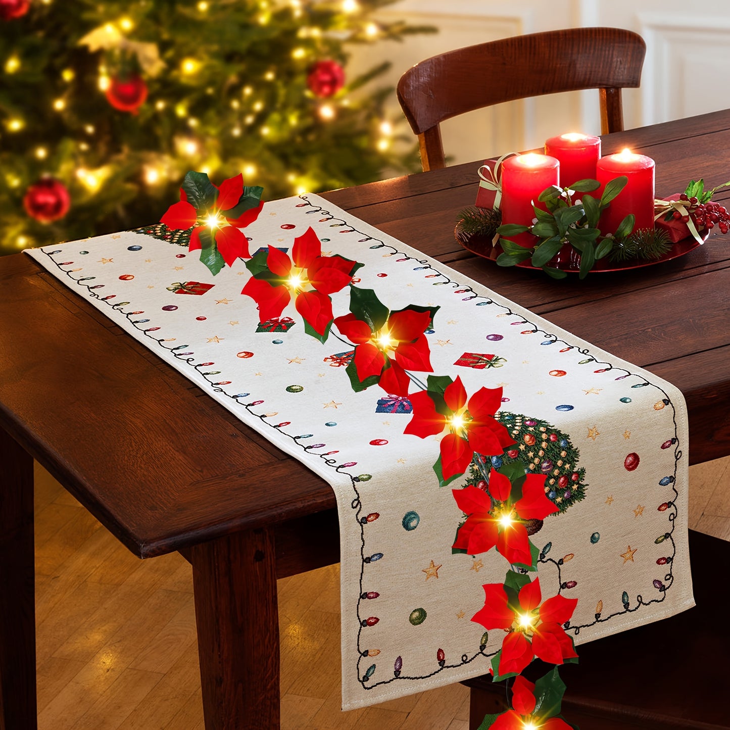 14 FT 20 Flower Poinsettia String Lights with Green Leaves