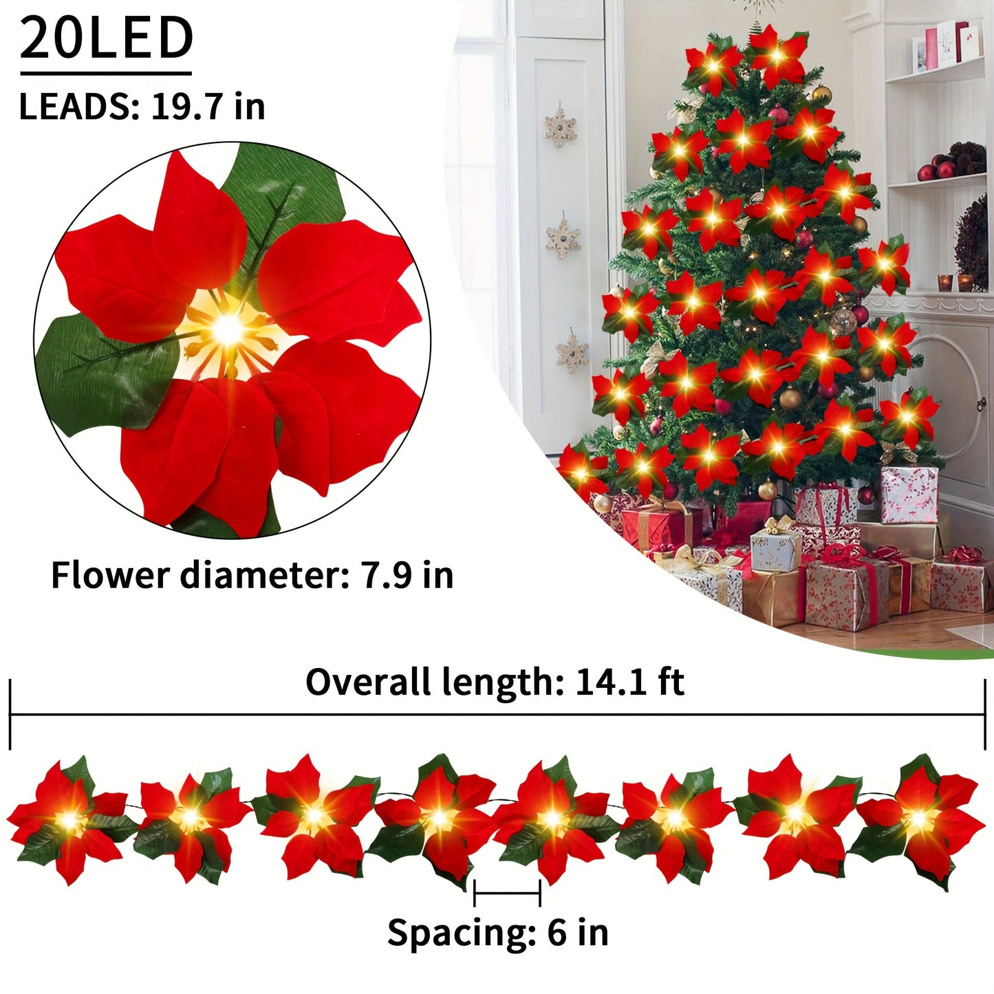 14 FT 20 Flower Poinsettia String Lights with Green Leaves