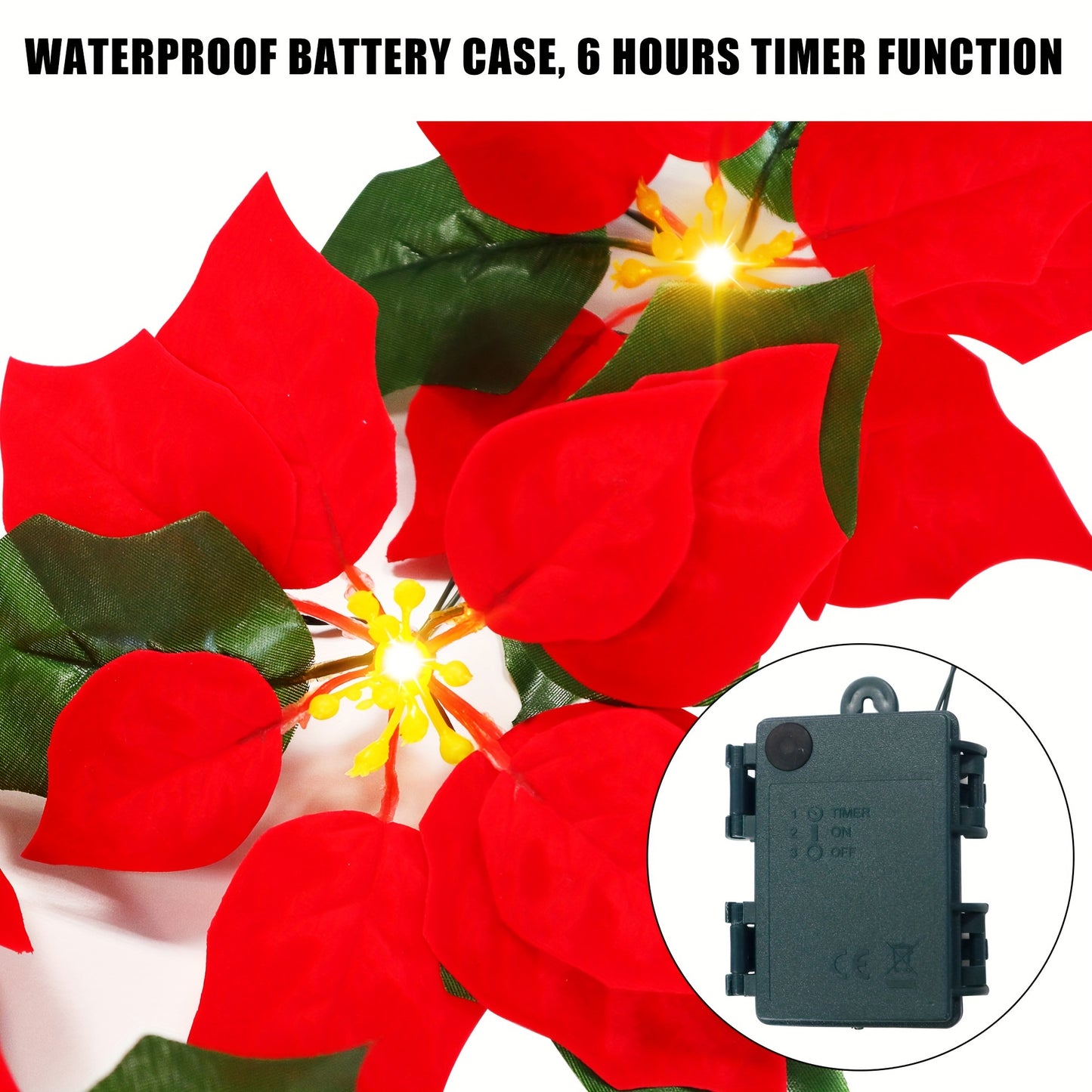 14 FT 20 Flower Poinsettia String Lights with Green Leaves