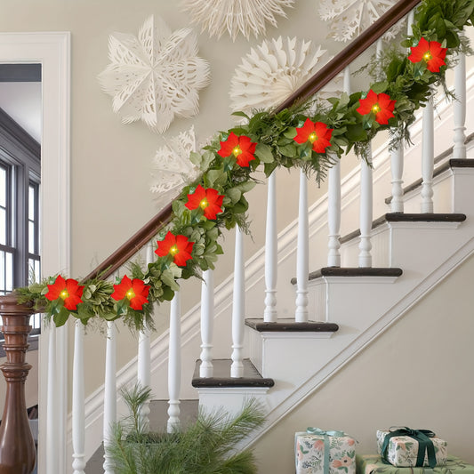 14 FT 20 Flower Poinsettia String Lights with Green Leaves