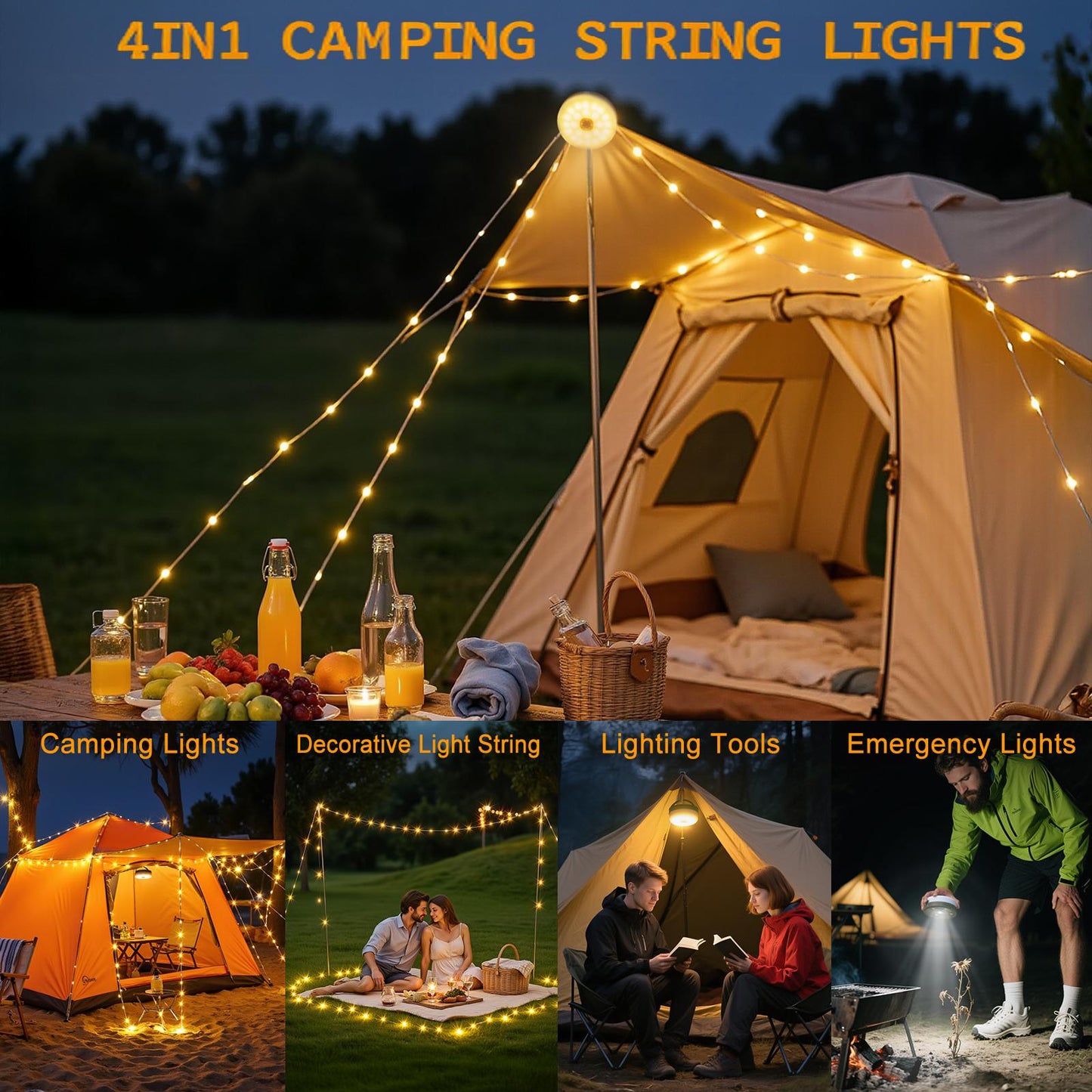 32FT Rechargeable LED Camping String Lights with 8 Modes(Battery/ Solar/ USB)