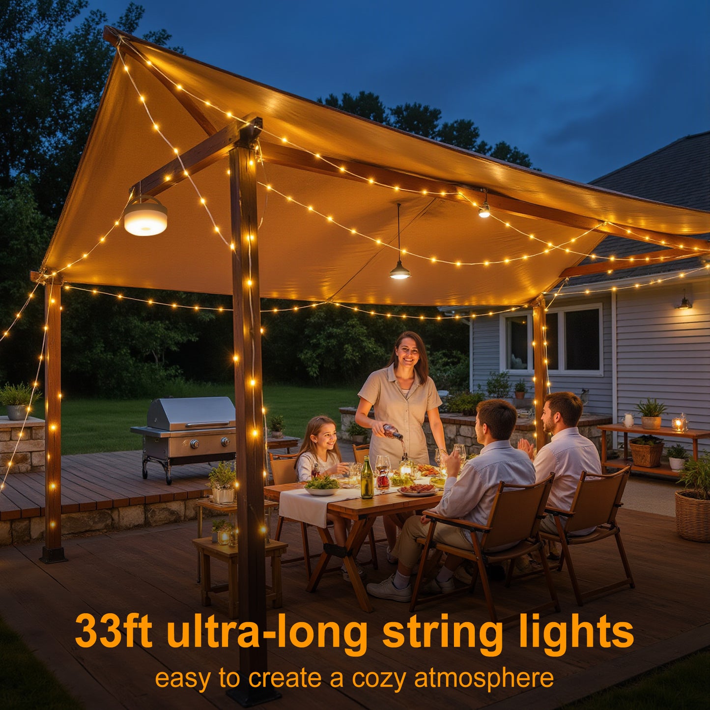 32FT Rechargeable LED Camping String Lights with 8 Modes(Battery/ Solar/ USB)
