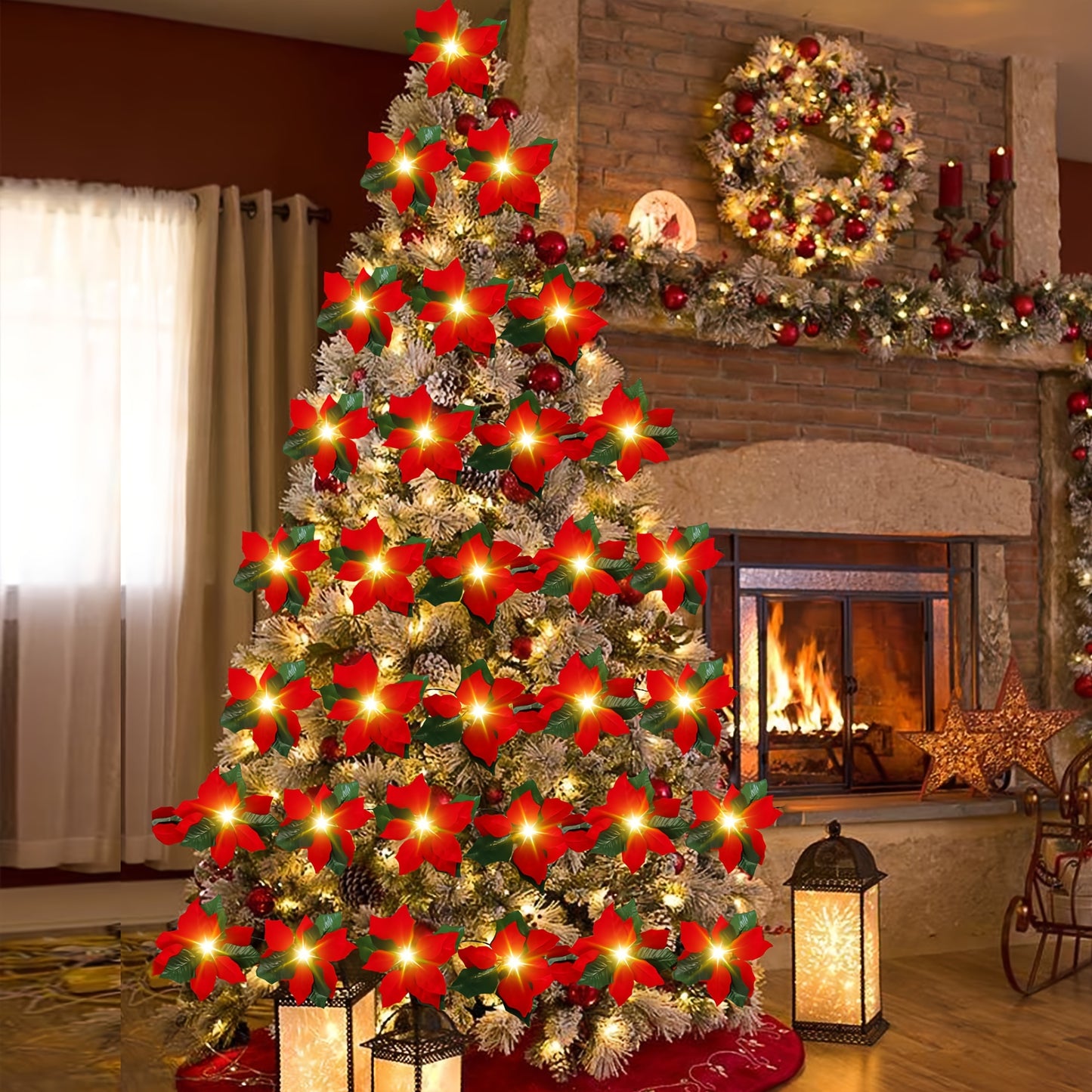 14 FT 20 Flower Poinsettia String Lights with Green Leaves