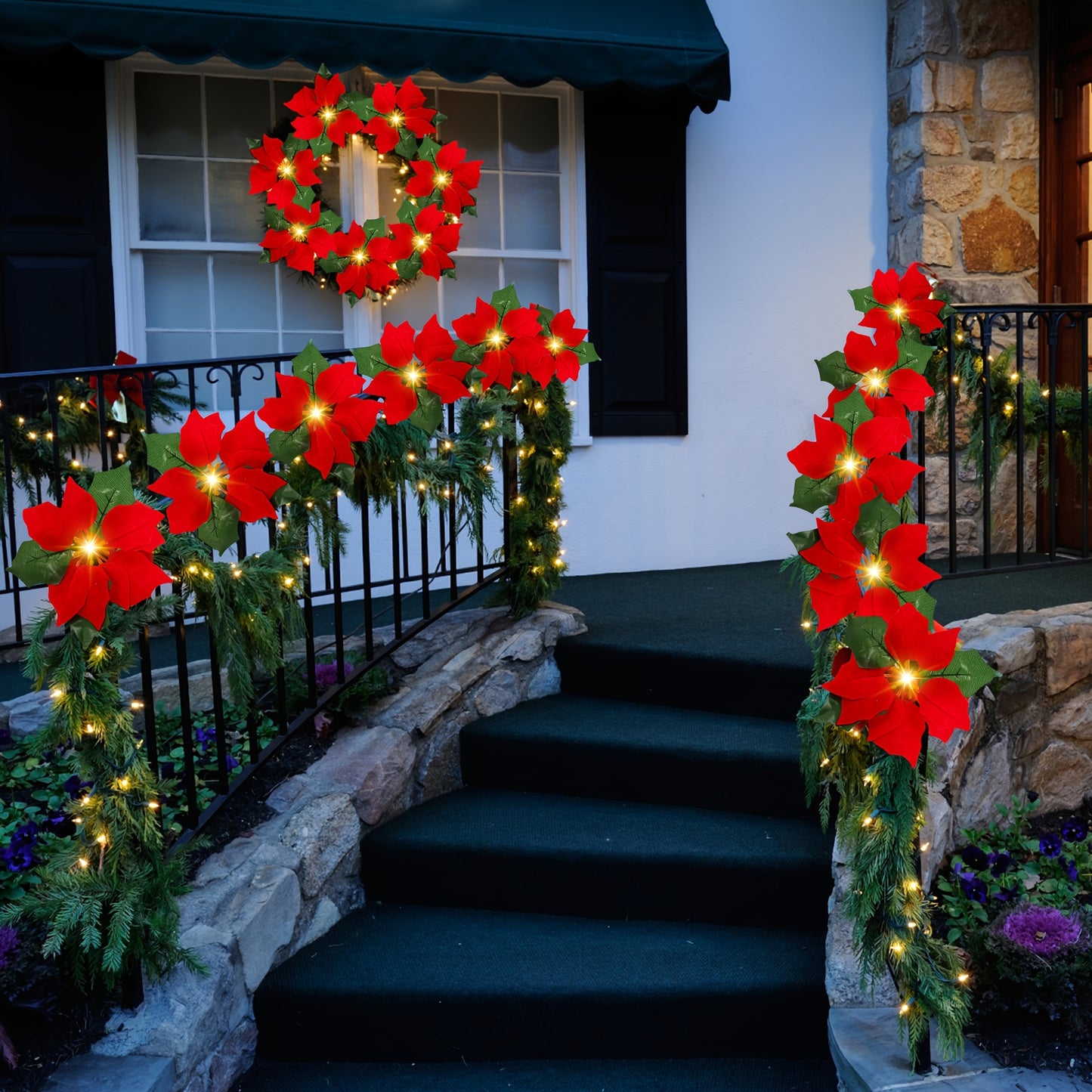 14 FT 20 Flower Poinsettia String Lights with Green Leaves