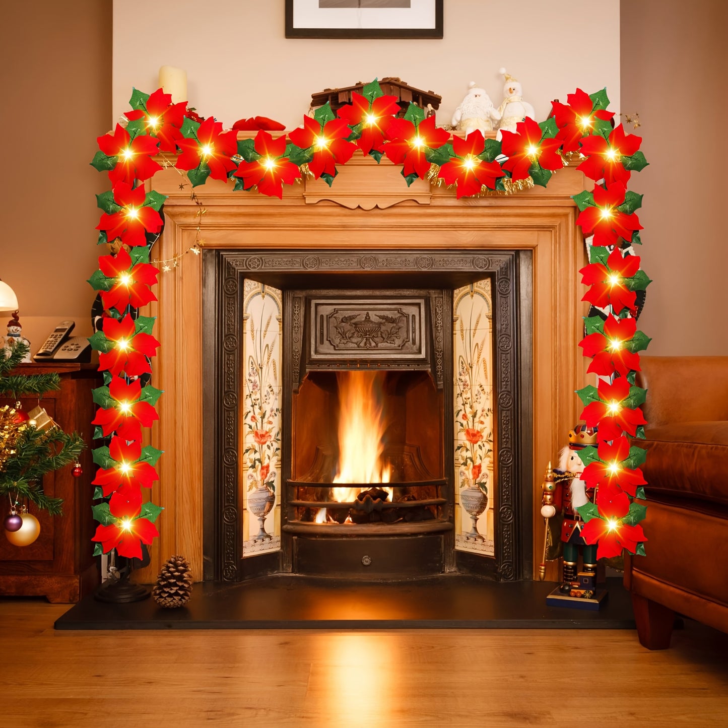 14 FT 20 Flower Poinsettia String Lights with Green Leaves