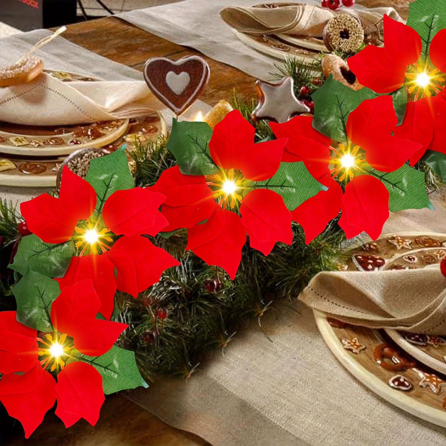 14 FT 20 Flower Poinsettia String Lights with Green Leaves