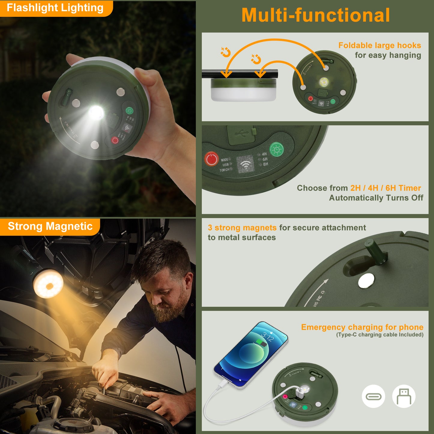32FT Rechargeable LED Camping String Lights with 8 Modes(Battery/ Solar/ USB)