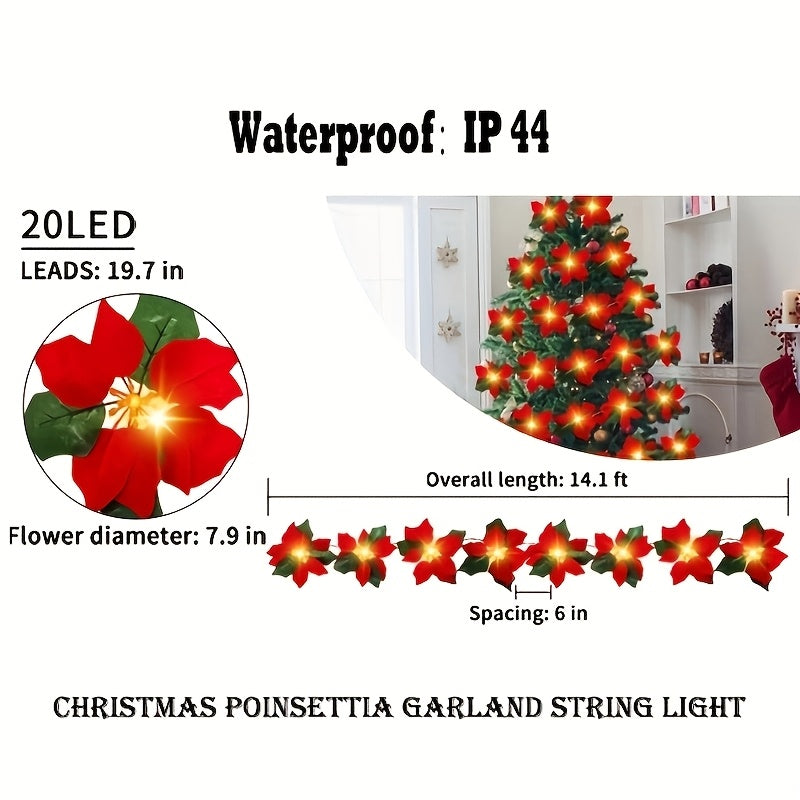 14 FT 20 Flower Poinsettia String Lights with Green Leaves