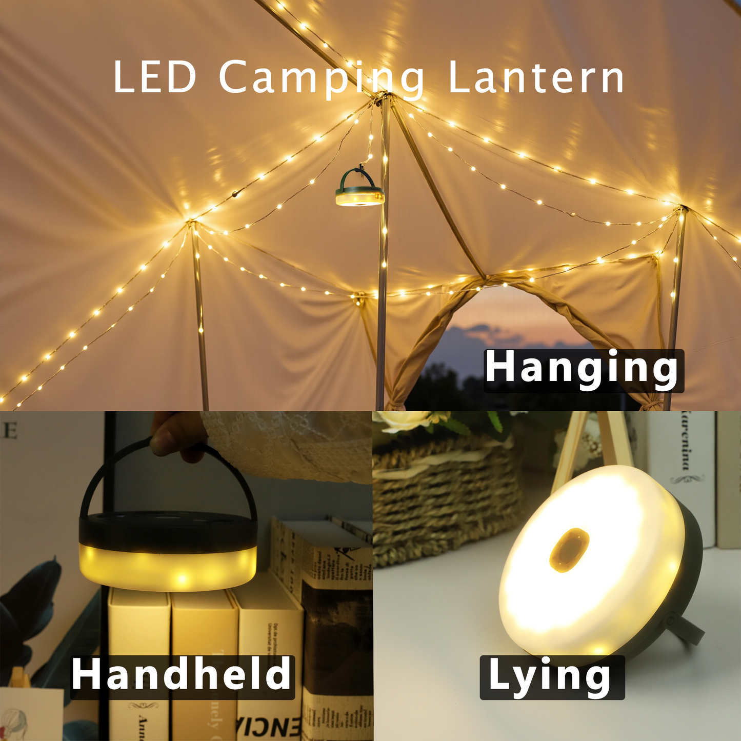 32FT Rechargeable LED Camping String Lights with 8 Modes(Battery/ Solar/ USB)