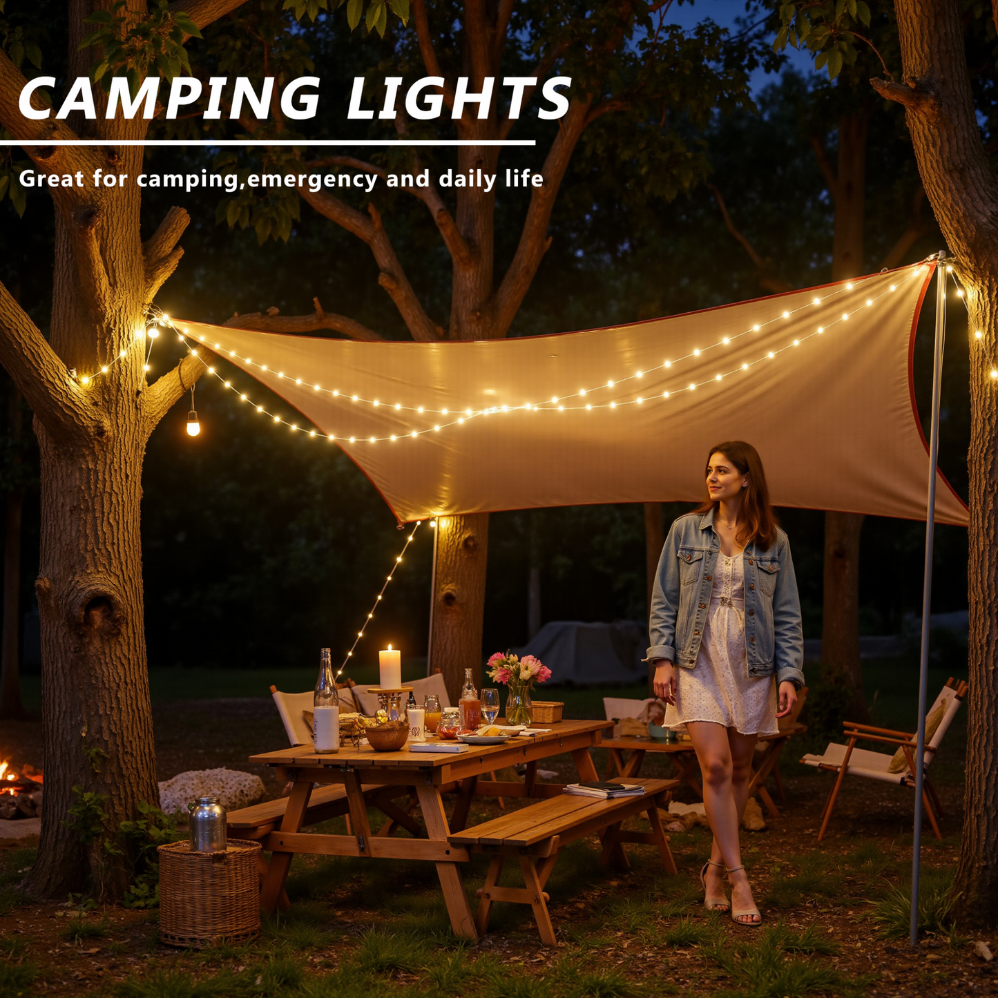 32FT Rechargeable LED Camping String Lights with 8 Modes(Battery/ Solar/ USB)